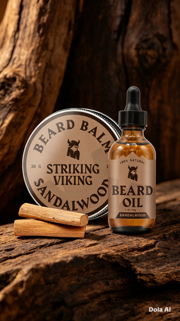 Striking Viking Beard Oil and Balm - Mens Beard Grooming Kit with All-Natural Beard Oil and Leave in Beard Balm Conditioner - Enriched with Argan and Jojoba Oil Sandalwood