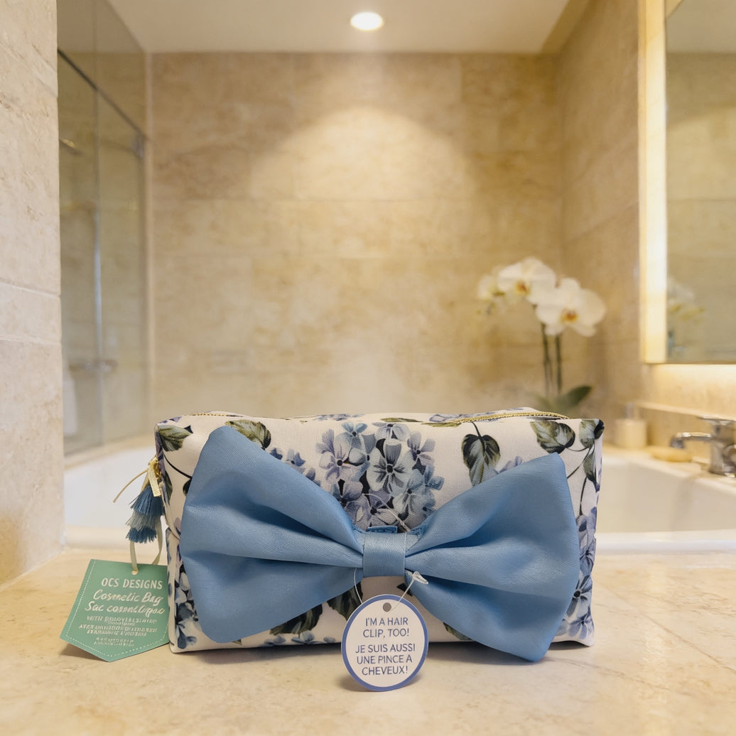 Elegant French-Made Hydrangea Cosmetic Bag – With Removable Bow Hair Clip