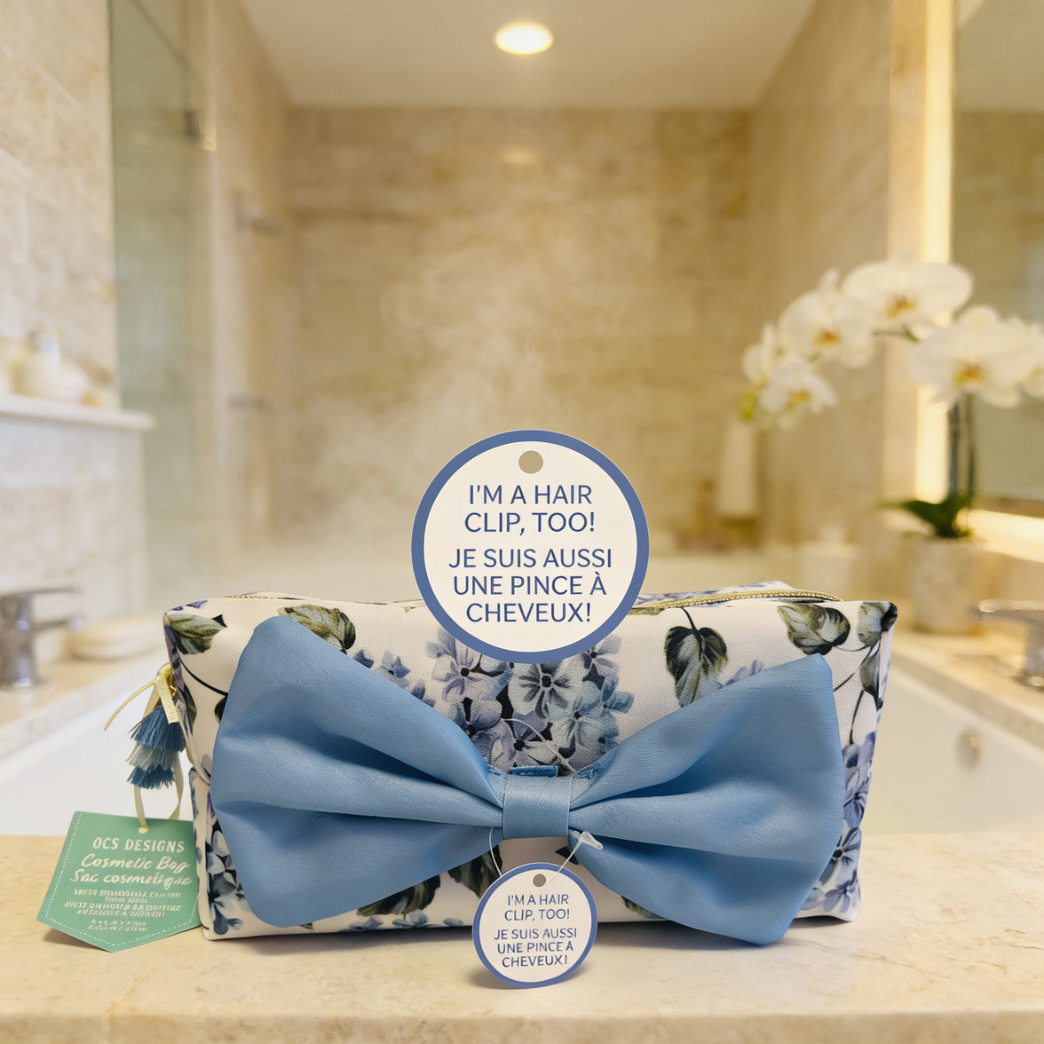 Elegant French-Made Hydrangea Cosmetic Bag – With Removable Bow Hair Clip