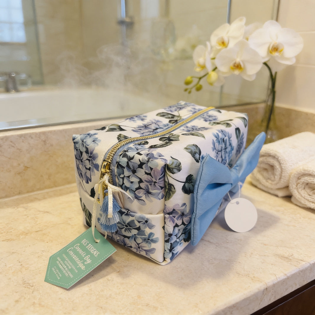 Elegant French-Made Hydrangea Cosmetic Bag – With Removable Bow Hair Clip