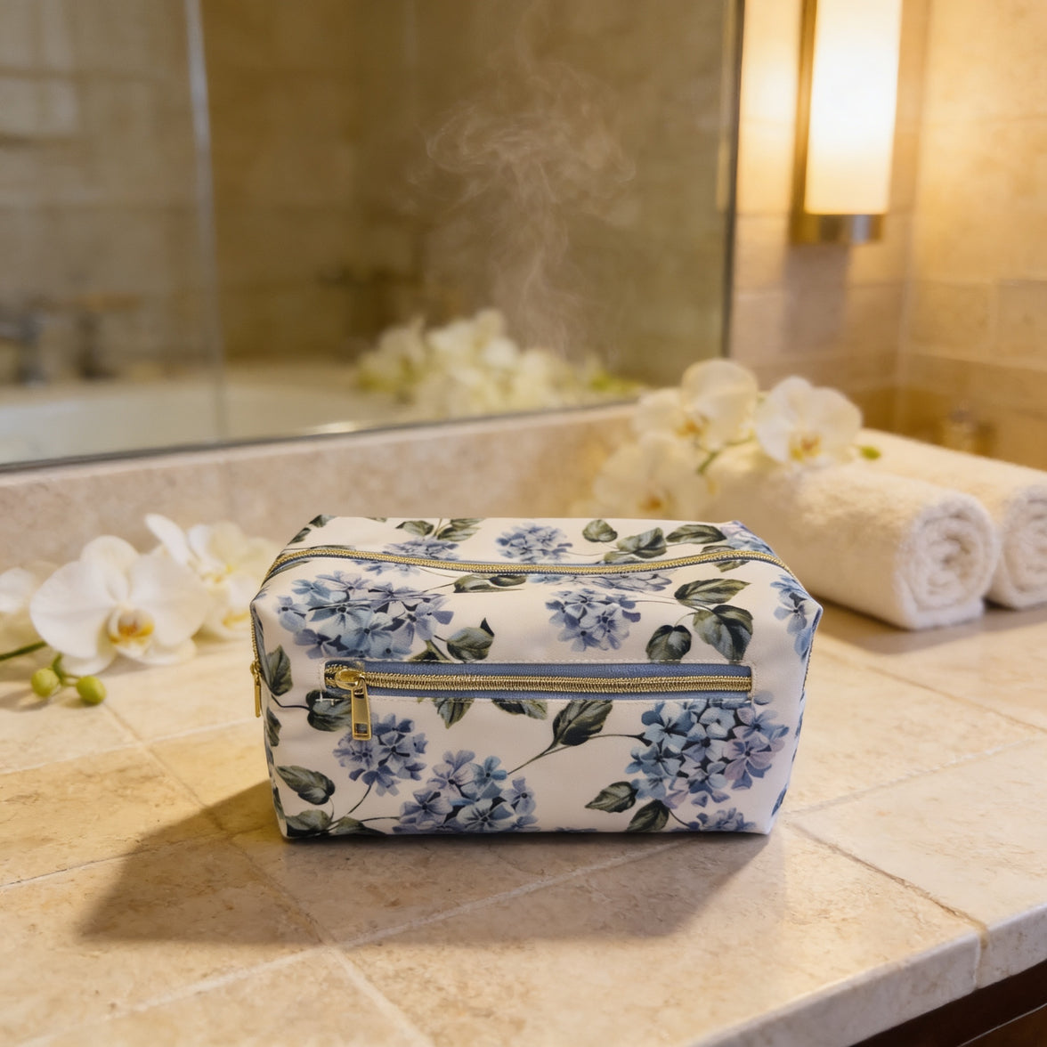 Elegant French-Made Hydrangea Cosmetic Bag – With Removable Bow Hair Clip